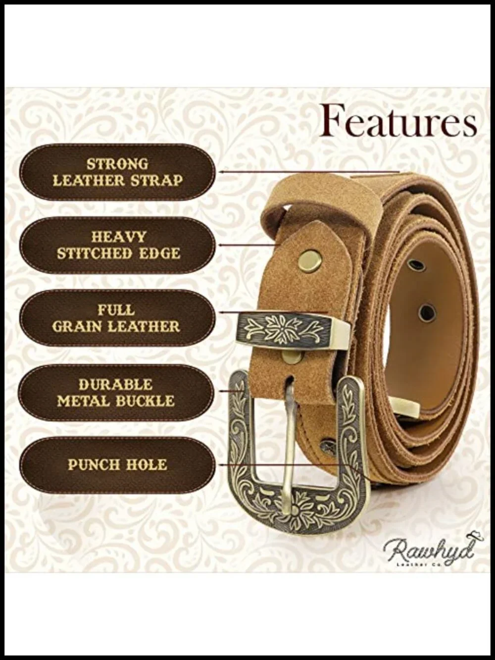 Classic Western Full-Grain Leather Belt for Men with Embossed Buckle, Adjustable